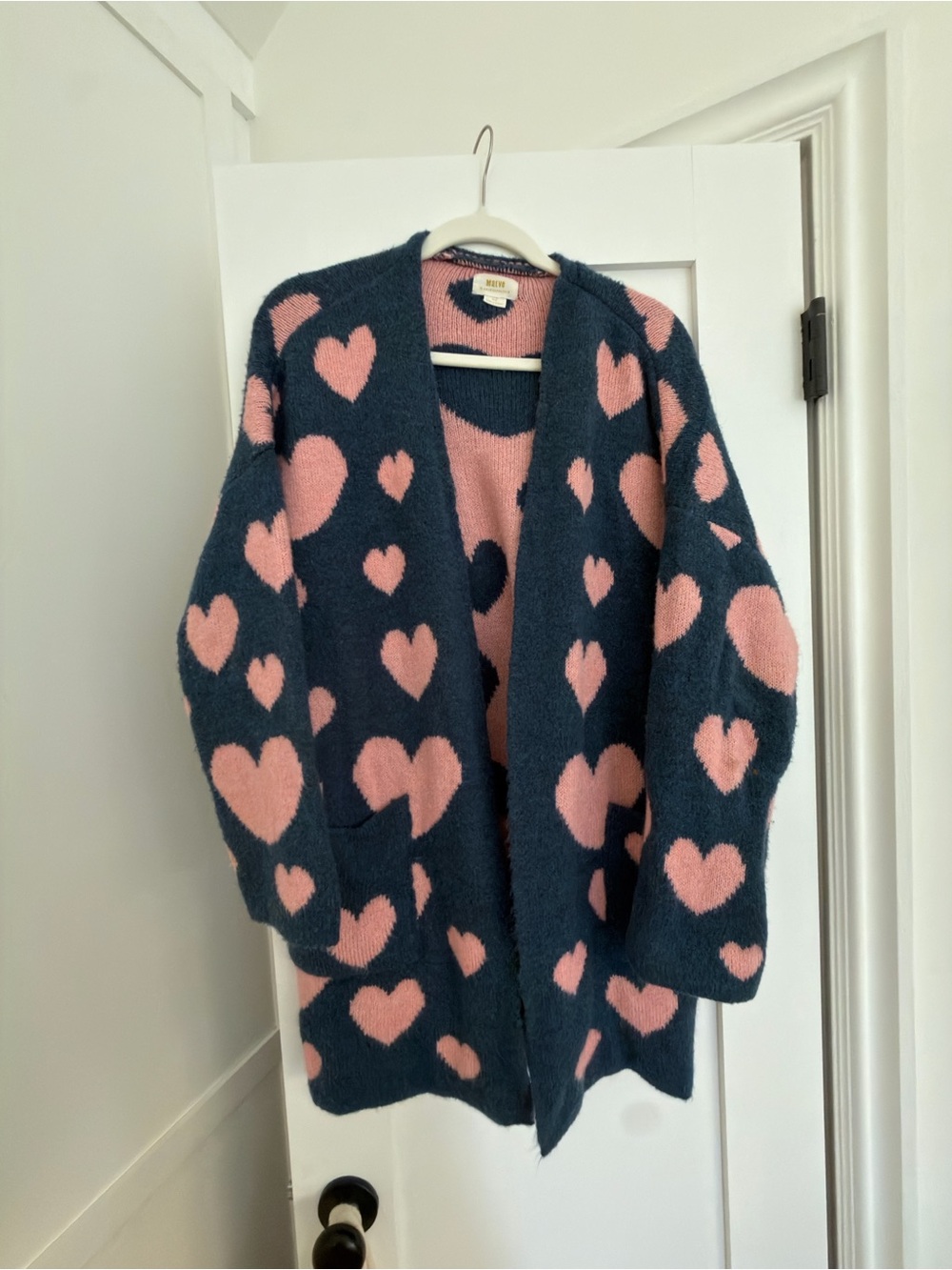 Maeve Cozy Heart-Print Open Cardigan Sweater - Pink on Dark Teal
